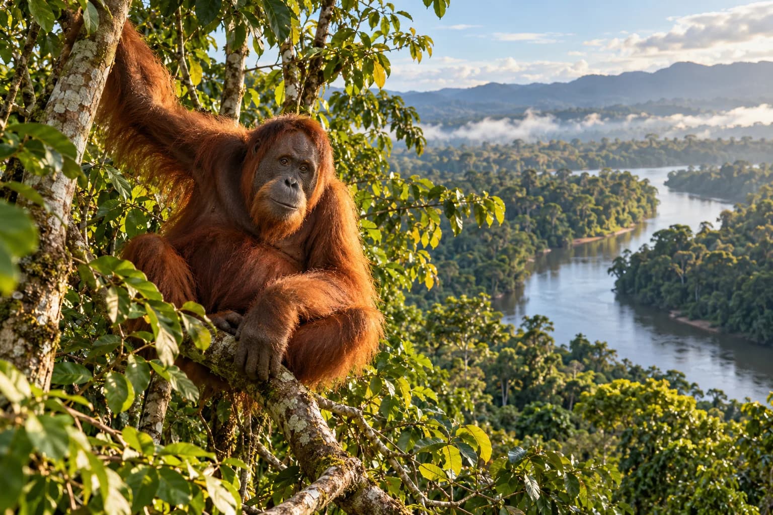Orangutan in the green rainforest of Borneo