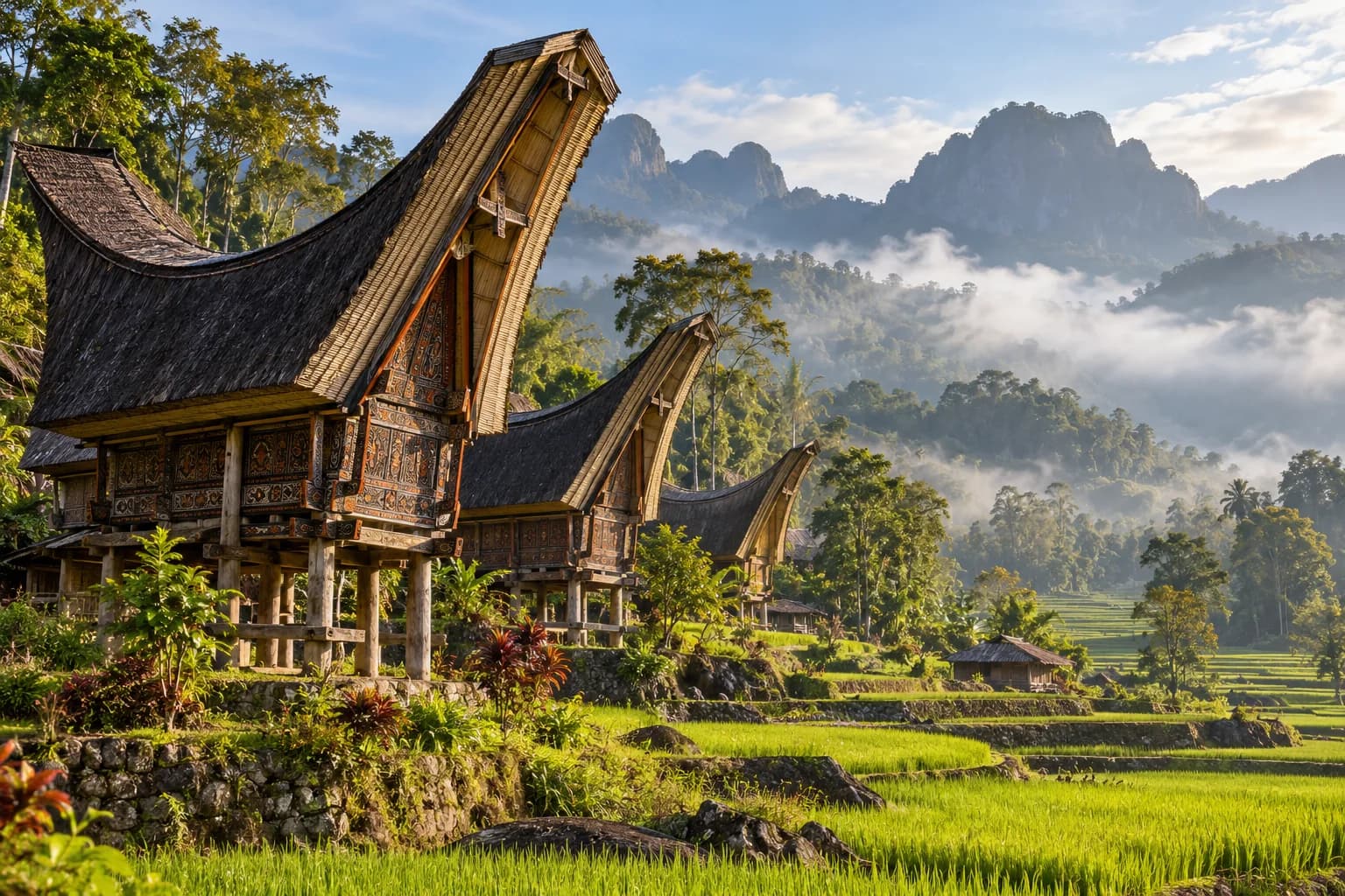 Traditional Toraja tongkonan houses in a green valley