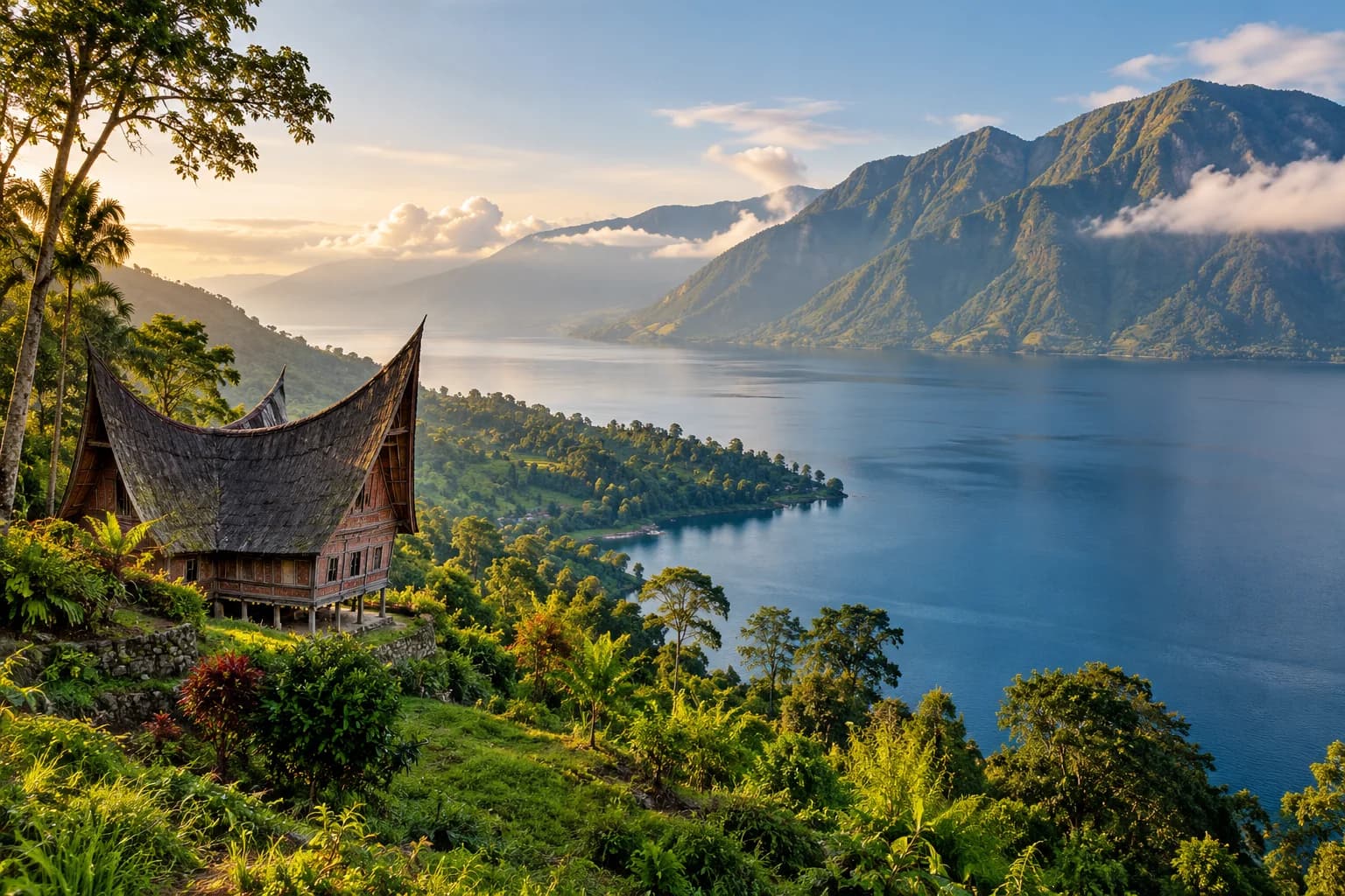 Lake Toba and a traditional Batak house