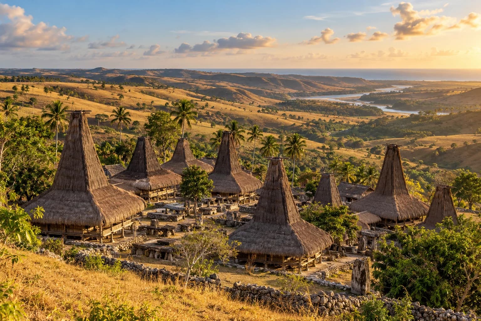 Traditional Sumbanese village in a golden landscape